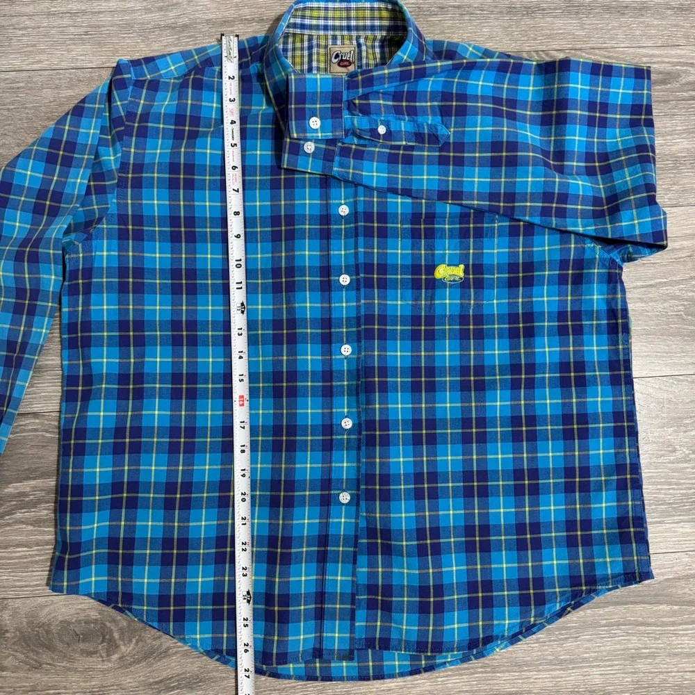 Cruel Girl Womens XL Blue Yellow Plaid‎ Western Button Down Cotton Shirt Logo